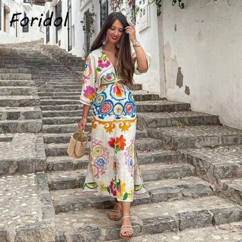 Foridol Floral Print Boho Autumn Cotton Linen Slit Maxi Long Dress S/4 Batwing Sleeve V Neck Wiast Cut Out Midi Dress Vestidos