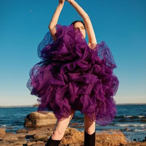 Puffy Tulle Women Tops 2021 Chic Ruffled Purple Long Top for Teens Custom Strapless Women Tulle Mini Dress Ball Gown Clothes