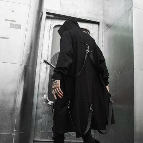Spring Autumn Men Ribbons Patchwork Punk Hip Hop Long Trench Coat Hooded Cloak Men Black Zipper Techwear Long Jacket Overcoat
