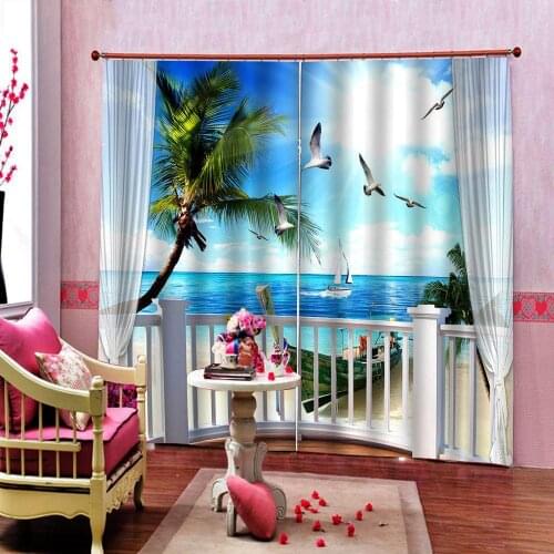 Tropical Sand Beach Overlook from Balcony 3D Window Curtain Seaside Scenery Drapes For Living room Bedroom Indoor Decor SetS