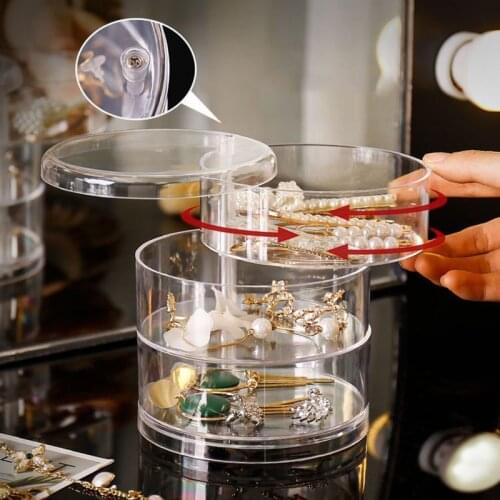 2/3Layers Rotating Jewelry Storage Box Makeup Organizer Transparent Bracelet Earrings Plastic Display Rack Jewelry Dust-proof