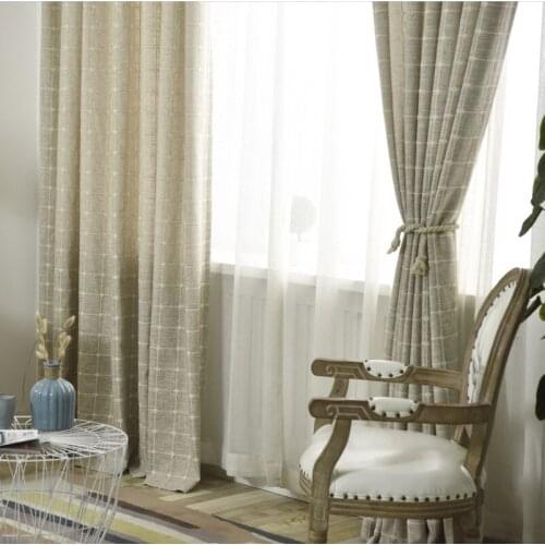 Korean-style Curtains for Living Dining Room Bedroom Solid Color Lattice Hemp Curtain Pink Blue Green Gray Five Colors Available