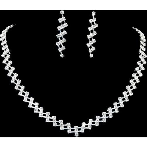 Women Fashion American European Style Hyperbole Jewelry Bridal Simple Shining Rhinestone Wedding Party Necklace Earrings Set