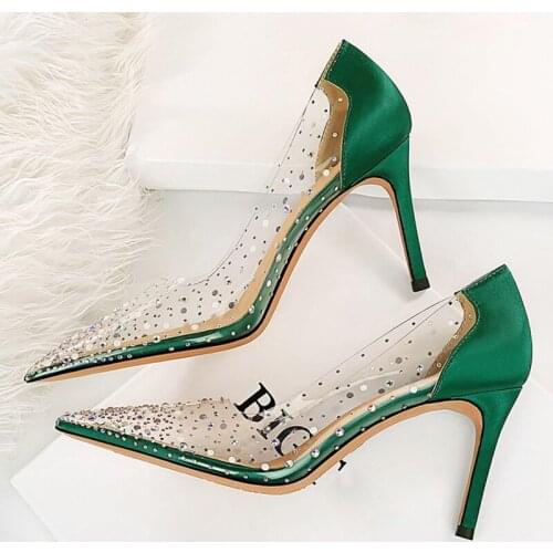 2021 Women 8.5cm High Heels Crystal Pumps Lady Fetish Transparent Heels Wedding Bridal Stripper Designer Elegant Green PVC Shoes