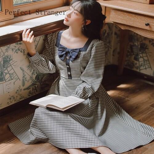 2020 Autumn New Arrival Retro Sweet Square Collar Plaid Bowknot Long Sleeve Women Long Dress