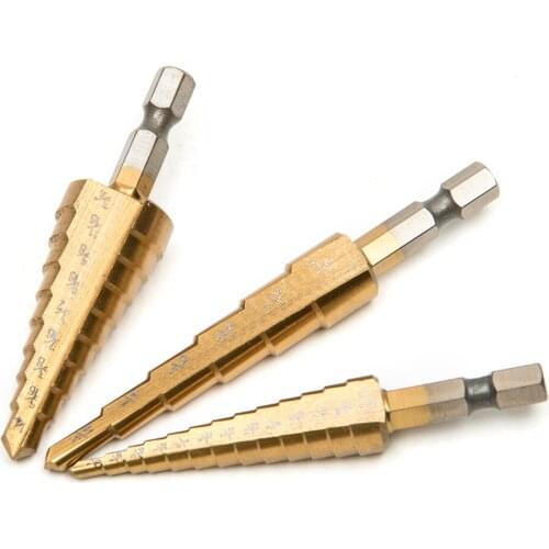 3pcs HSS Titanium Coated Step Drill Bits 3/16-1/2 1/4-3/4 1/8-1/2" Hex Shank High Cone Cut Drill Tools Set for Woodworking
