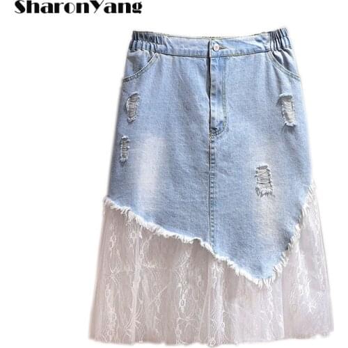 4XL 5XL 6XL Summer Plus Size Woman Skirts Korean Fashion Clothing Jeans Skirt for Women Mesh Pacthwork Denim Skirt