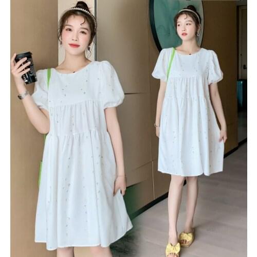 82294# Maternity Dress Summer Cotton Short Sleeves Loose Midi Sweet Style Dress Plus Size Pregnancy Dress Pregnant Women Dress
