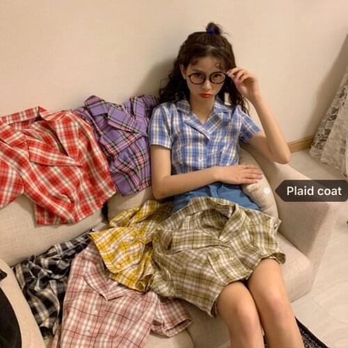 Korean Preppy Style Plaid Blouses Turn Down Collar Ladies Sweet Summer Short Sleeve Single Breasted Friends Sister Tops Shirt