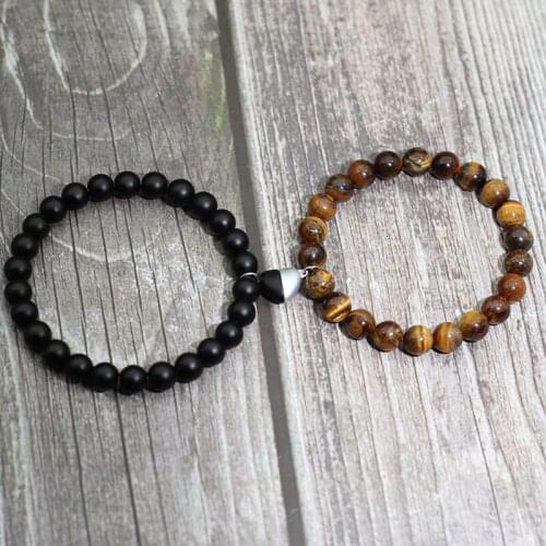 2pcs/pair Couple Bracelet 8mm Onyx Imperial Stone Beaded Braclet Heart Magnet Braslet Valentines Day For Lover Jewelry Gift BFF