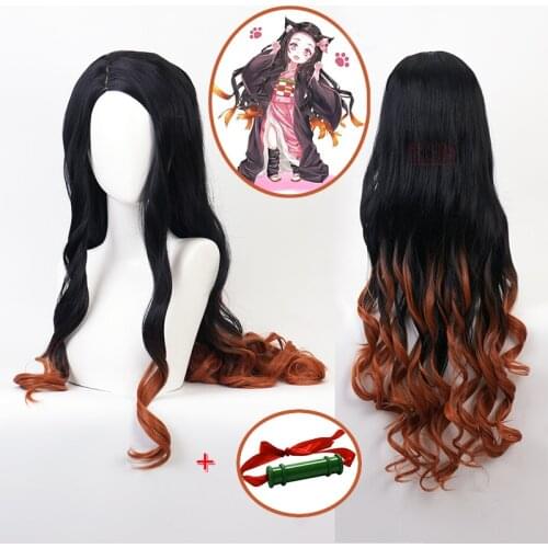 Anime Demon Slayer Kamado Nezuko Cosplay Long Wig Bamboo Tube Kimetsu No Yaiba Train Heat-resistant Fiber Hair + Free Wig Cap