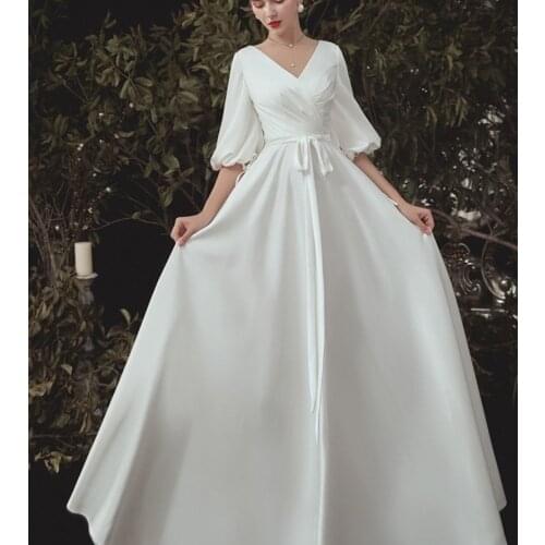 Elegant Simple A-Line V Neck Soft Satin Vintage Half Sleeve Floor Length Wedding Gown Wedding Dress Bride robe de mariée