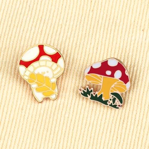 2 Style Cartoon Mushroom Enamel Pins Kids Cute Red Plant Brooches Women Coat Lapel Pin Badges Jewelry Gift for Friends Fashion