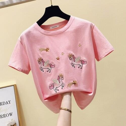 GGRIGHT 2021 Summer T Shirt Women Korean Fashion Tshirt Girls Short Sleeve Embroidery Vintage Print Tee Shirt Femme Tops Pink