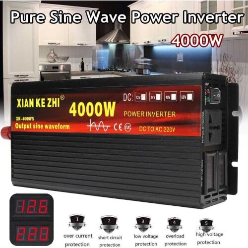 Inverter 12V/24V 220V 2000/3000/4000W Voltage transformer Pure Sine Wave Power Inverter DC12V to AC 220V Converter+2 LED Display