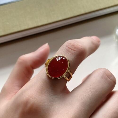 18K Gold Plated 100% Authentic 925 sterling silver Red Agate Oval Stone Rings Adjust Fine Jewelry Womens elegant TLJ1274