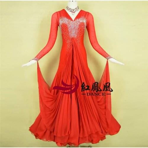 Red rhinestones Ballroom dance competition dress standard dresses modern dance costume ballroom waltz dress luminous costumes