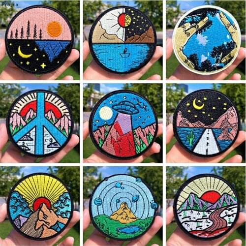 Prajna Round Patches Mountain Outdoor Sun Space Embroidery Patches For Clothing DIY Iron On Patches On Jacket Clothes Appliques