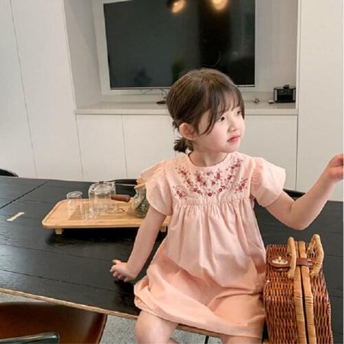 Summer Girls Dress Korean Style Pocket Embroidery Flower Elegant Princess Dress Baby Kids Clothes ChildrenS Clothing