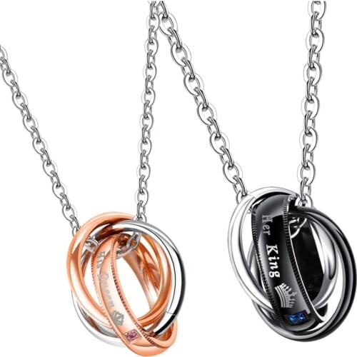 Fashion Stainless Steel "Her King" "His Queen" Pendant Chain Necklace for Women Men Couple Jewelry