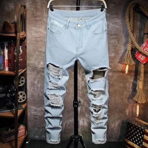 Fashion Man‘s Ripped Jeans Broken Hole Pants Torn Mens Straight Denim Pants Vintage Washed Trousers Streetwear