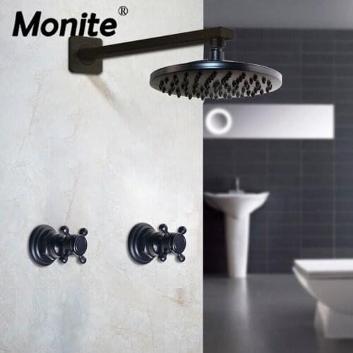Monite 8 Inch Oil Rubbed Bronze Black Round Faucets Bathroom Rainfall Shower Wall Mounted Faucet Set Dual Handles Mixer Tap