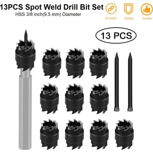 13PCS Spot Weld Drill Bits Set Solder Joint Removal Drill High Speed Steel Rotary Cutter Remover Carbide Bit 9.5mm 3/8”Hex Shank