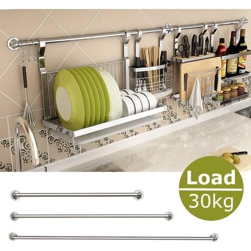 Wall Mounted Storage Rack Holder Organizer 30/40/50/60cm Stainless Steel Hanging Rod Shelf Bar Storage Tools Kitchen Accessories