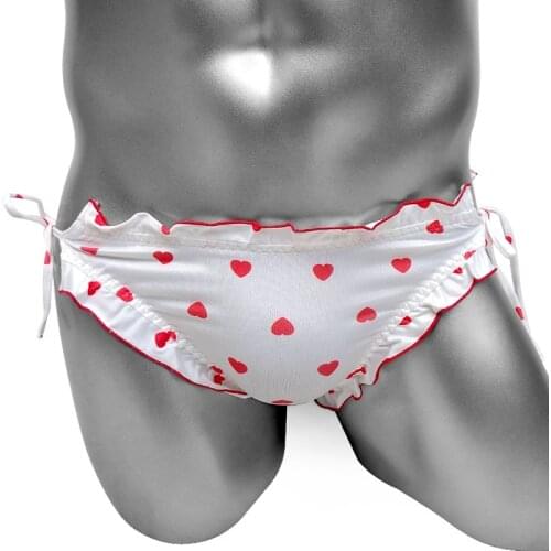 Softy Sexy Lolita Sissy Brief Panties Ruffles Waist Lacing With Heart Printed Lingerie Mens Underwear Breathable Gay Underpants