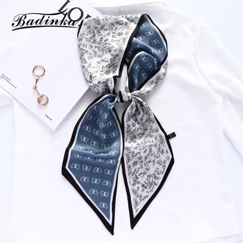 Badinka 2021 New Designer Long Butterfly Print Silk Satin Head Scarf Headscarf Bandana Women Twilly Scarfs for Ladies Handbag