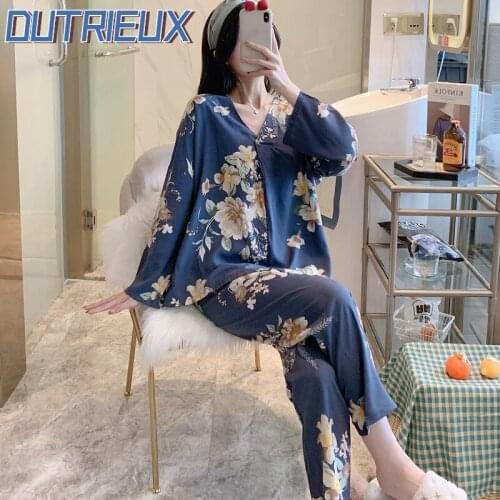 DUTRIEUX Pyjamas Women Spring 100% Viscose Sleepwear printing Pajamas Set Female Night Suits Pijama Sets 2 Piece 2021 Home Wear