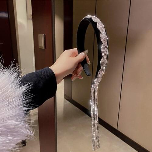 Korea Style Long Tassel Asymmetry Rhinestone Headband for Women Black Velvet HairClip Wedding Hair Accessories Jewelry
