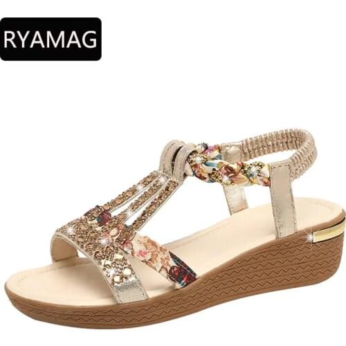 RYAMAG Platform Wedges Sandals Women Summer 2021 New Womens Shoes Vacation Rhinestone Platform Bohemian Beach Slippers