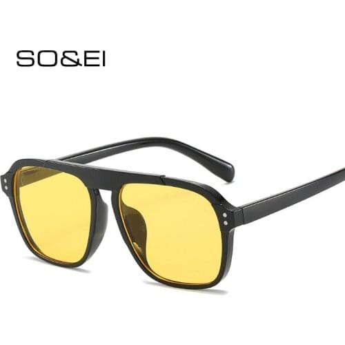 SO&EI Oversized Square Sunglasses Women Retro Nail Decoration Blue Yellow Clear Lens Men Fashion Outdoor Driving Sun Glasses
