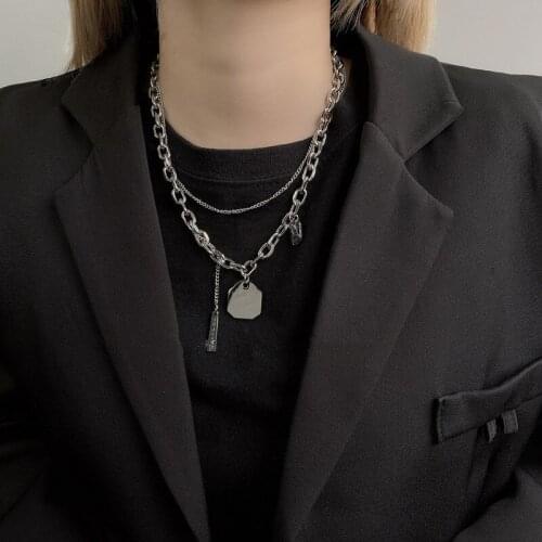 VSnow Minimalist Titanium Steel Double Layer Letter Pendant Necklace for Women High Street Chunky Chain Necklace Party Jewelry