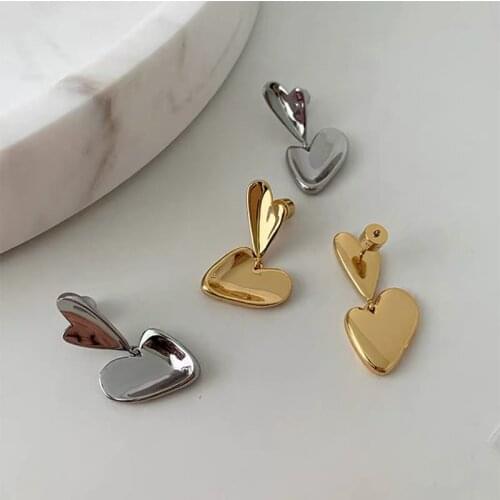 WTLTC Gold Sliver Color Metal Double Heart Earrings Statement Hanging Earrings Vintage Big Large Drop Earrings for Women Jewelry