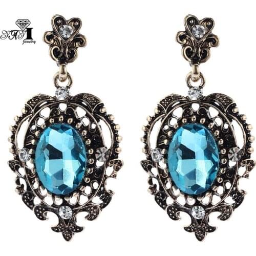 YaYi Jewelry New Blue Glass Rhinestone Dangle Crystal Earring Womens Fashion Ancient Gold Color Gem Earrings Gift 1204