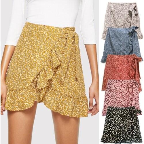 New 2020 Summer Boho Skirt Women Ruffles Casual Bandage High Waist Pleated Skirts Woman Beach Style Floral Print Mini Skirts