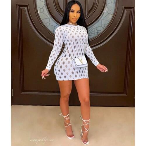 Women Clothing Solid Fashion Hole Long-sleeve Sexy Dress Summer Party Dresses Club Outfits Goth Streetwear Y2k Wholesale items