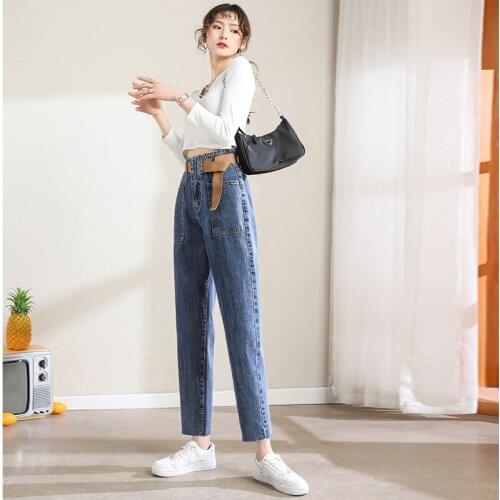 2021 Spring Denim Pants Mujer Office Lady Casual Bottom Ankle Length High Waist Harem Pants Washed Big Pockets Mom Jeans Women