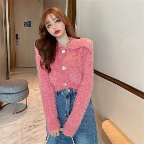 Sweaters Women Sweet Sexy Sueters De Mujer Lapel Mohair Pink Cardigan Crop Long Sleeve White Jacket Korean Chic Fashion Wild