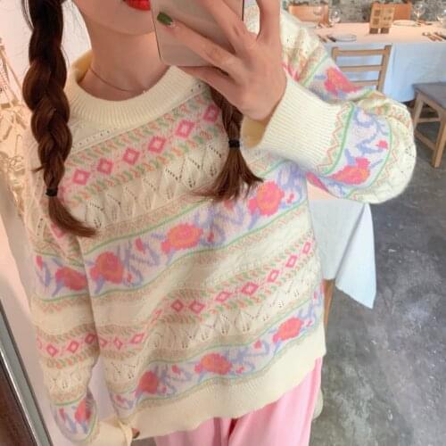 Korean girl retro sweet hollow out jacquard loose knit sweater