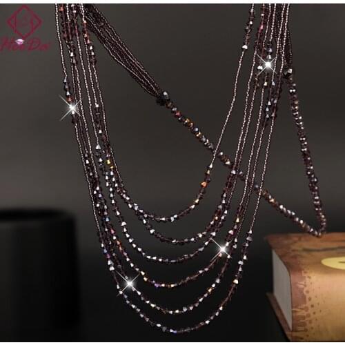 Women Kpop Big Name Layers Strand Long Necklace Shiny Crystal Beads Sweater Chain New Joker Neck Decoration