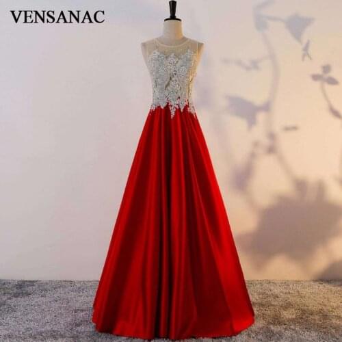 VENSANAC Lace Sheer O Neck Pearls Long A Line Evening Dresses Elegant 2018 Illusion Crystals Embroidery Party Prom Gowns