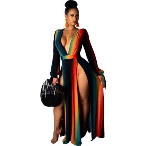 S-XXL Womens Long sleeve V Neck Boho Floral Print Beach High Split Maxi Dress