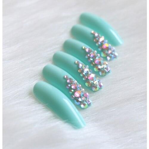24pcs high-end fashion handmade crystal diamond long flat false nails light blue