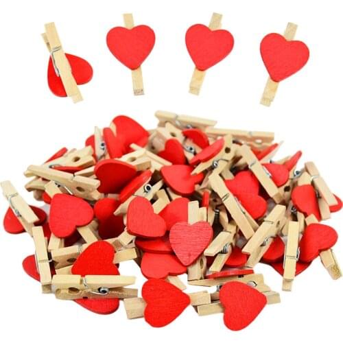 50Pcs Mini Wooden Clips Red Heart Photo Clips For Valentines Day Wedding Party Photo Wall Decor Papers Clothes Pegs Wood Crafts