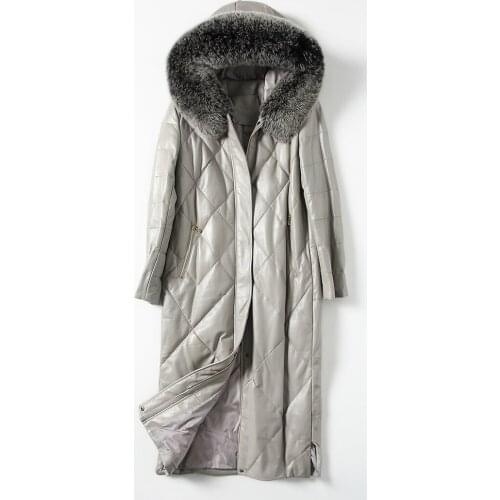 Free Shipping New Genuine Lamb Leather Jacket Long Womens Down Coat with Fox Fur hood edge Sheepskin Wholesale Retail OEM