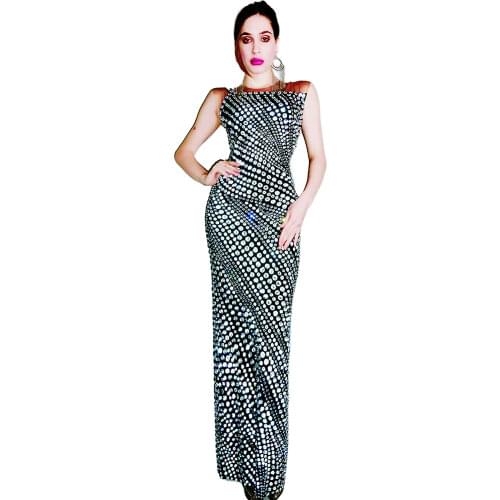 Shining Rhinestone Silver Dresses Sleeveless Summer Ankle Length Dress Women Birthday Party Celebrate Evening Dresses