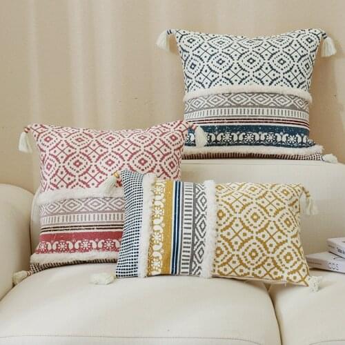 3-color Screen Printing Cushion Cover 45x45cm Retro Printing Tassel Pillowcase European Tufted Sofa Throw Pillow